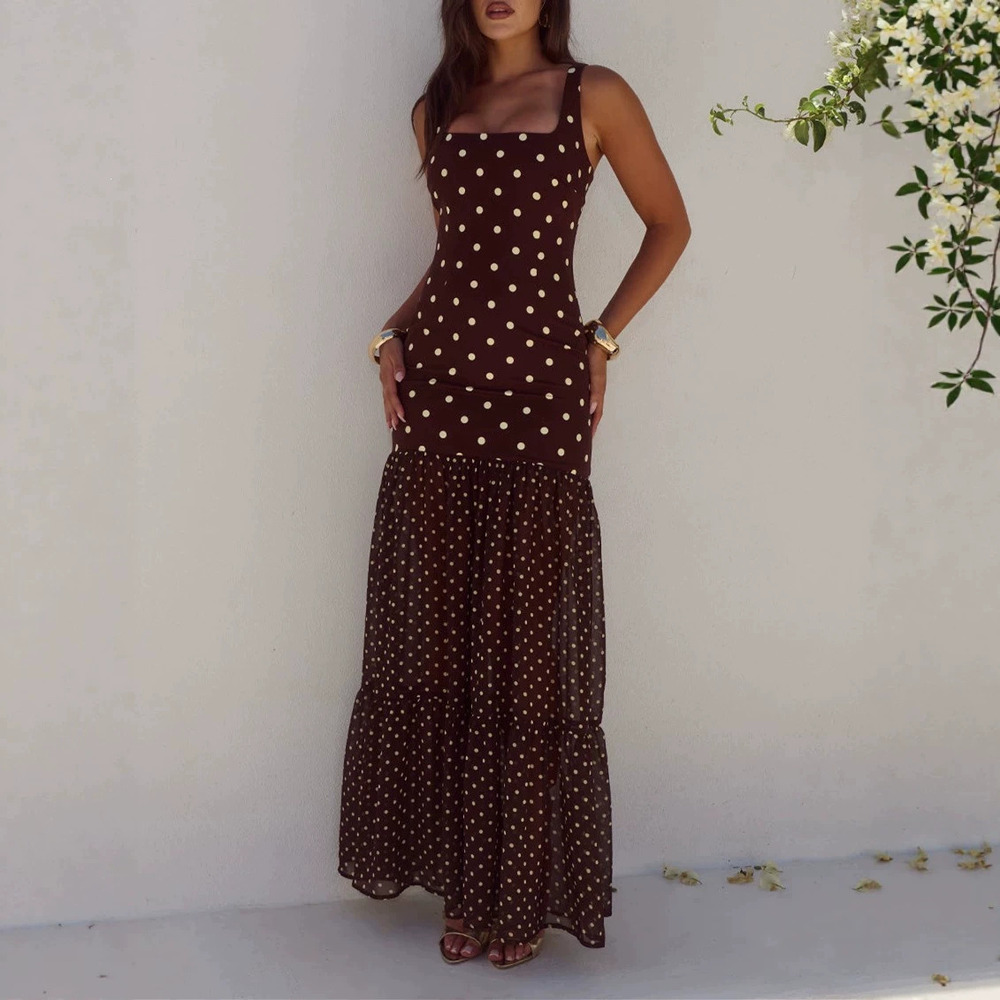Zara Square Neck Polka Dot Cami Dress Ruffle Hem Fitted Long Beach Maxi